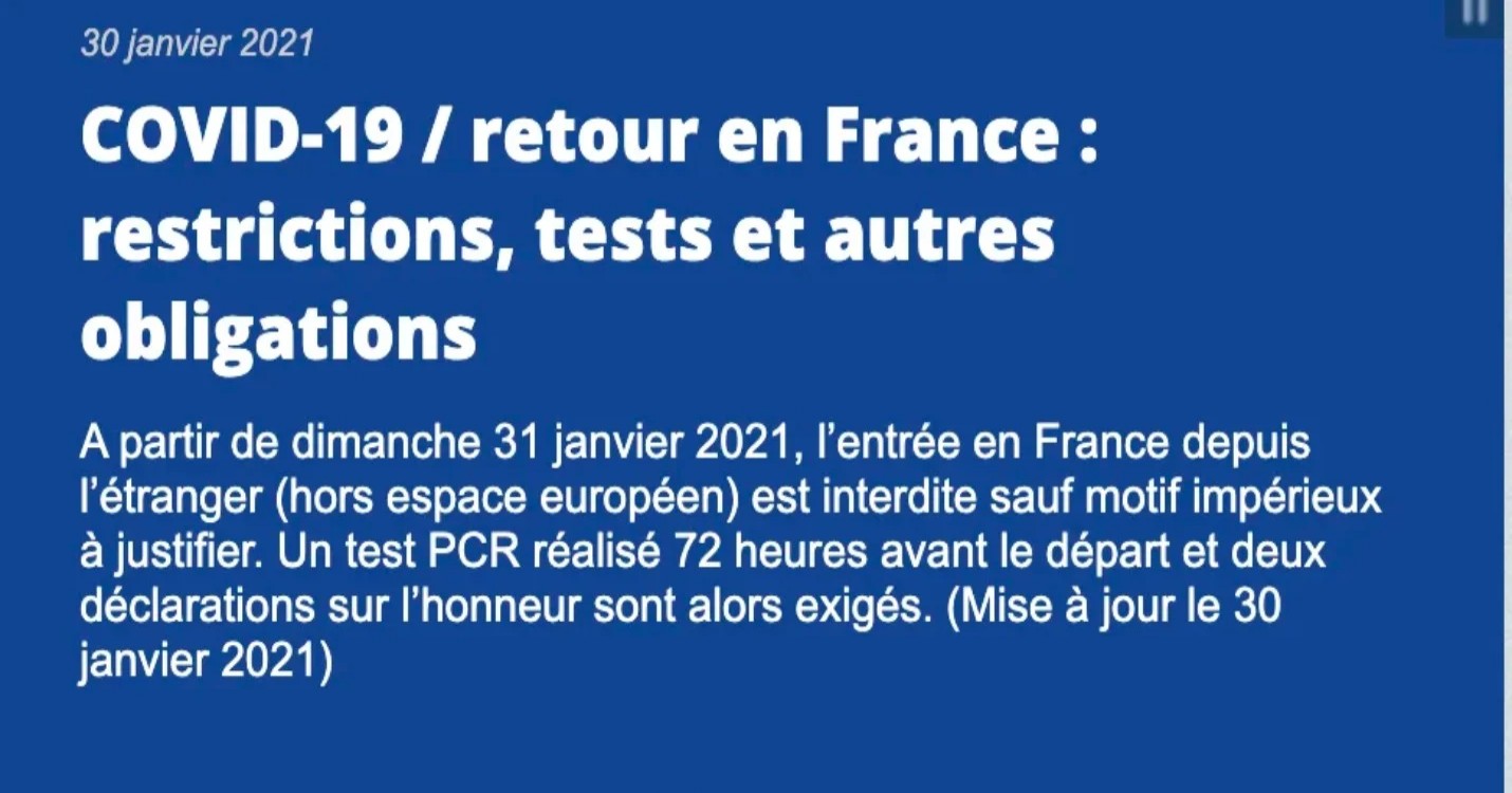 Nouvelles restrictions pour l’entrée en France depuis le 31 janvier